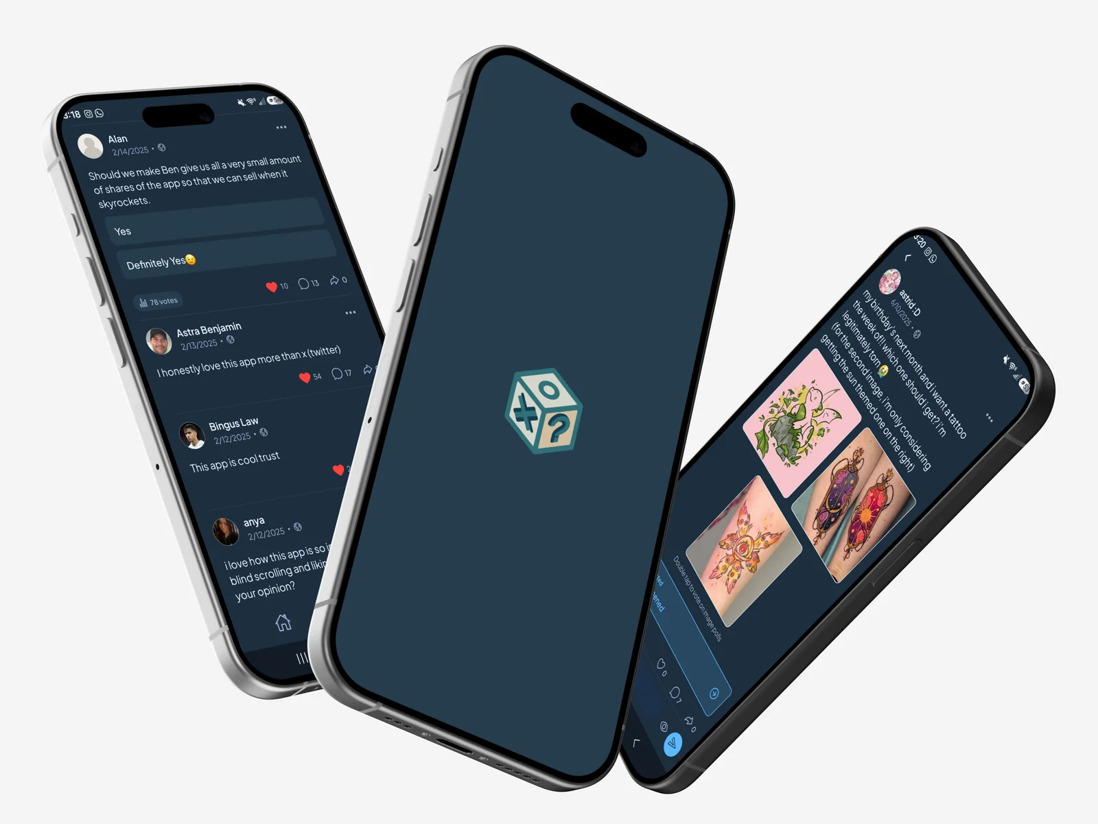Three phones showing Dilemaa polls, the app logo, and image-based decisions